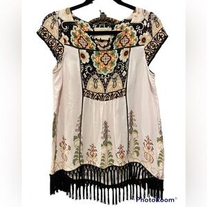 Vanessa Virginia Anthropologie Size XS "Augustina" Fringed Boho Floral Tunic Top